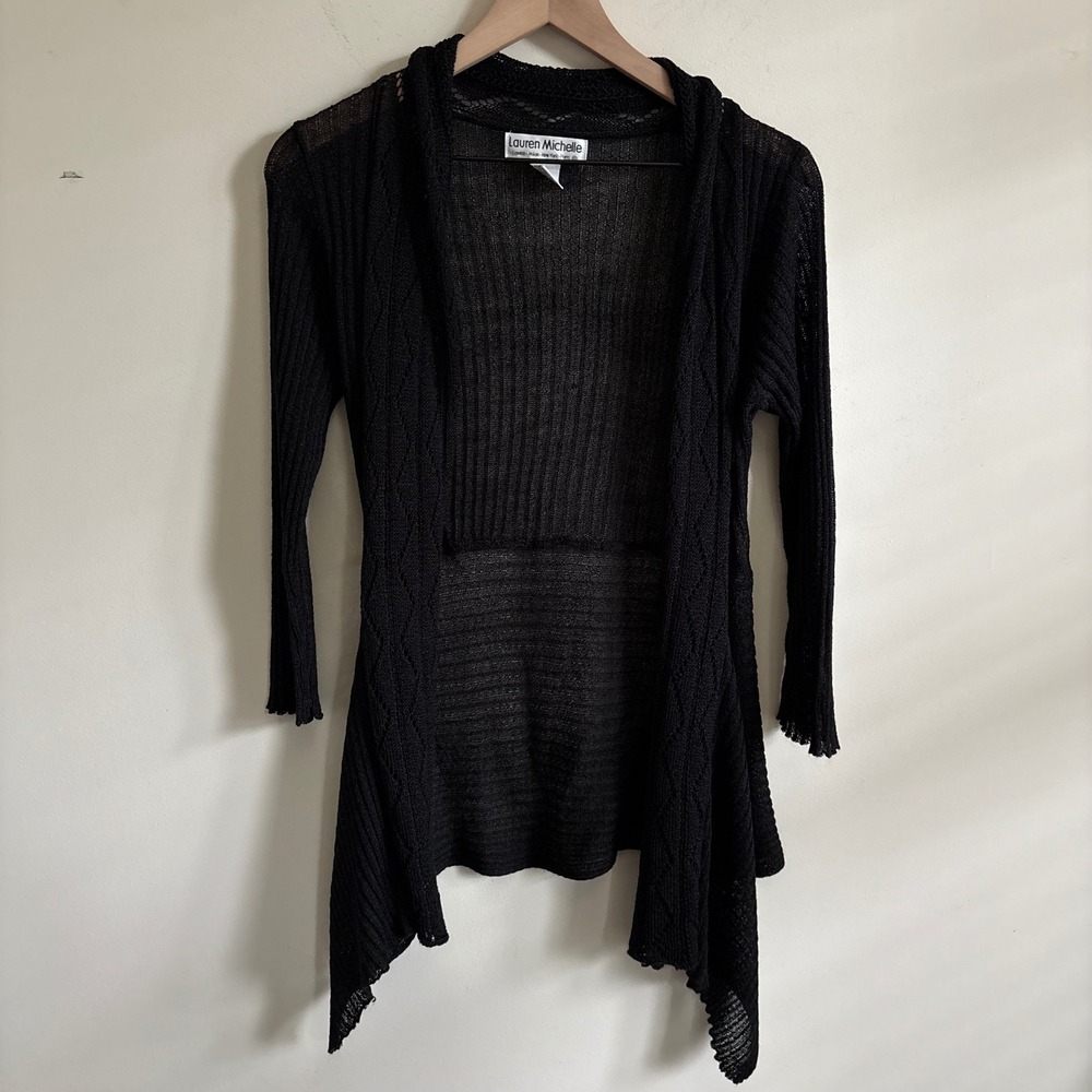 Lauren Michelle Black Sheer Knit Draped Open Front Cardigan Handkerchief Hem S